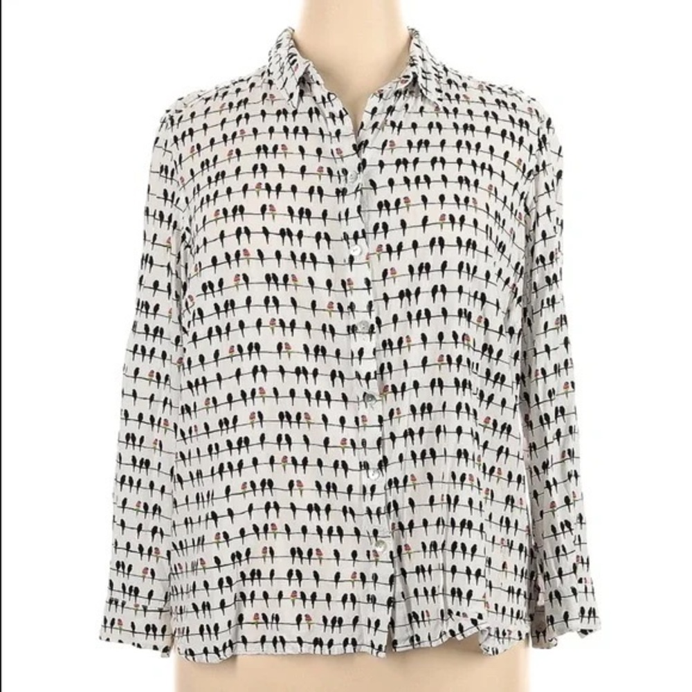 Anthropologie Jane and Delancey Black & White Parrot Birds on a Wire Button-Up